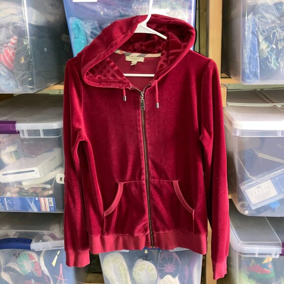 BURBERRY LONDON Velvet Hooded Full Zip Track Jacket Burgundy Sz L Womens - Picture 2 of 13